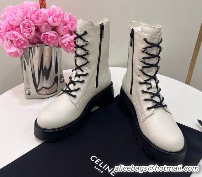 Stylish Celine Triomphe Rangers Mid Lace-up Boots in Calfskin White 719090