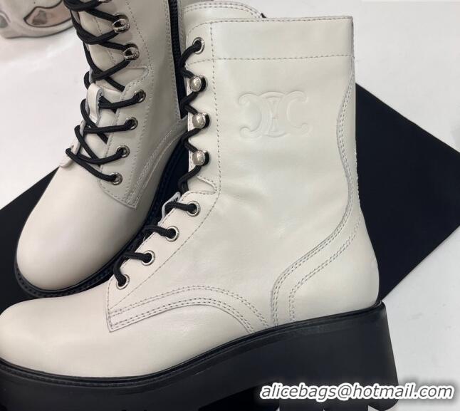 Stylish Celine Triomphe Rangers Mid Lace-up Boots in Calfskin White 719090