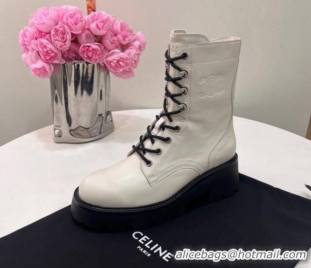 Stylish Celine Triomphe Rangers Mid Lace-up Boots in Calfskin White 719090