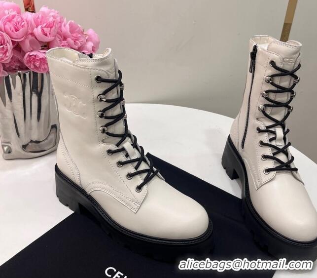 Stylish Celine Triomphe Rangers Mid Lace-up Boots in Calfskin White 719090