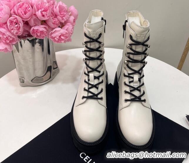 Stylish Celine Triomphe Rangers Mid Lace-up Boots in Calfskin White 719090