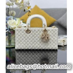 Best Price Dior Medium Lady D-Joy Bag in Calfskin and Pearl Allover 0806 White 2024