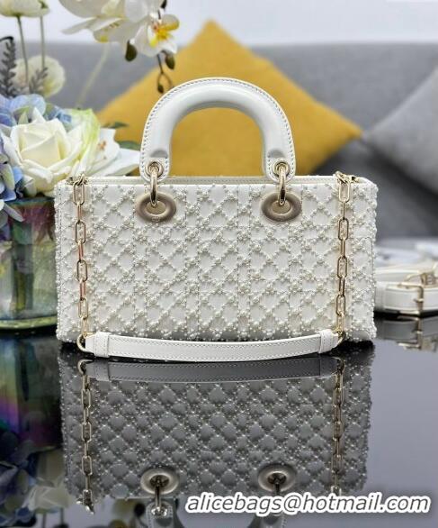 Best Price Dior Medium Lady D-Joy Bag in Calfskin and Pearl Allover 0806 White 2024