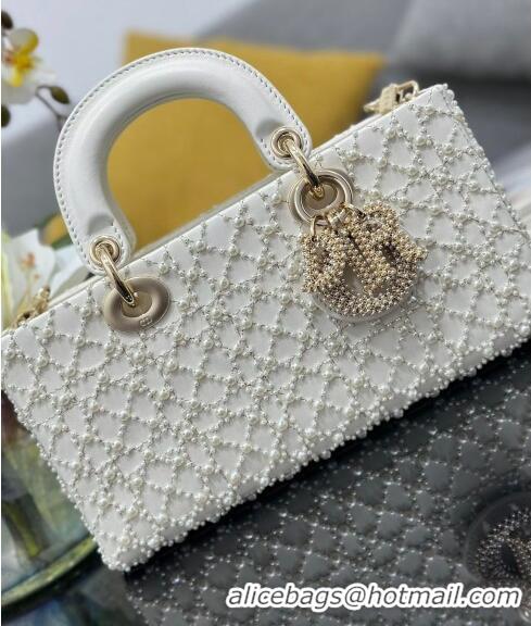 Best Price Dior Medium Lady D-Joy Bag in Calfskin and Pearl Allover 0806 White 2024