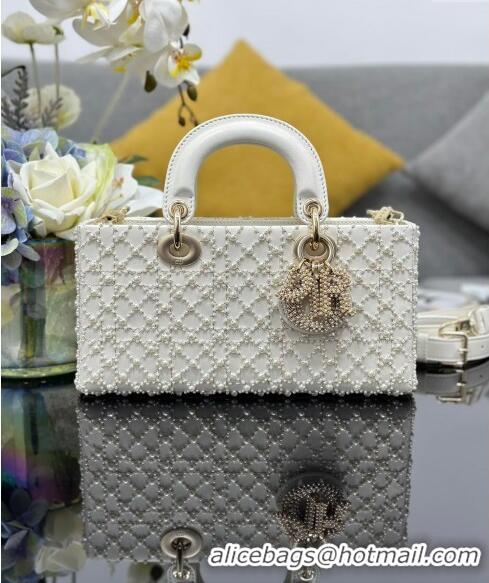 Best Price Dior Medium Lady D-Joy Bag in Calfskin and Pearl Allover 0806 White 2024