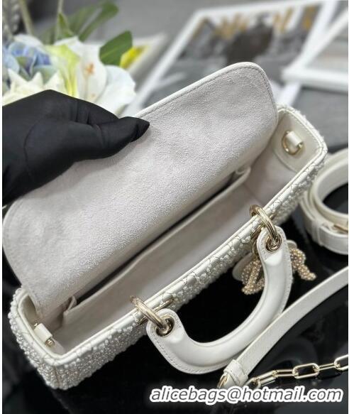 Best Price Dior Medium Lady D-Joy Bag in Calfskin and Pearl Allover 0806 White 2024