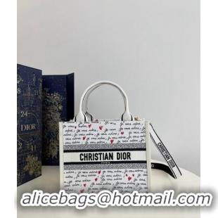 Sophisticated Dior Dioramour Small Book Tote Bag in White Embroidery with Heart Je Vous Adore Motif 6002 Black and Red 2