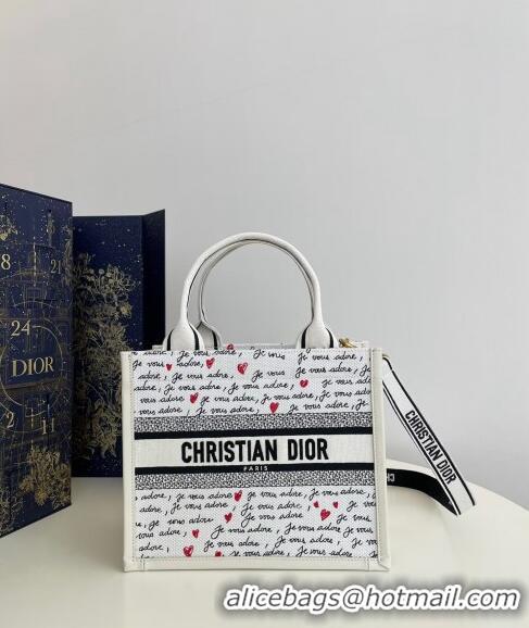 Sophisticated Dior Dioramour Small Book Tote Bag in White Embroidery with Heart Je Vous Adore Motif 6002 Black and Red 2