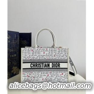 Wholesale Dior Dioramour Medium Book Tote Bag in White Embroidery with Heart Je Vous Adore Motif 6003 Black and Red 2024