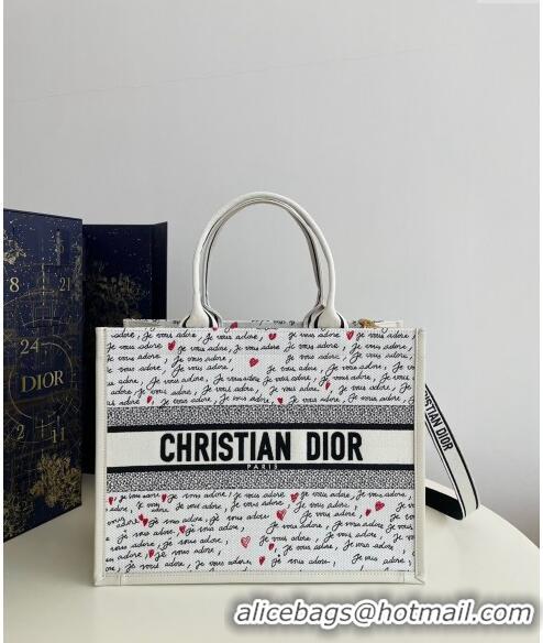 Wholesale Dior Dioramour Medium Book Tote Bag in White Embroidery with Heart Je Vous Adore Motif 6003 Black and Red 2024