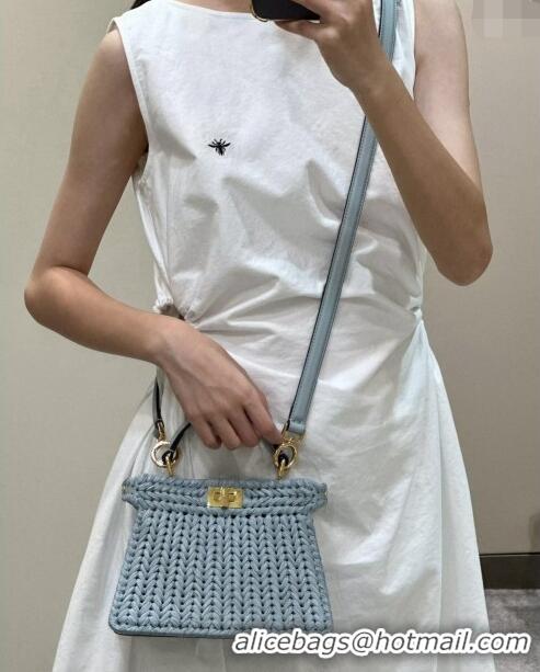 Top Quality Fendi Peekaboo ISeeU Petite Bag in interlaced fiber 80169S Light Blue 2024