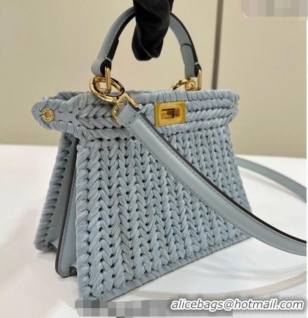 Top Quality Fendi Peekaboo ISeeU Petite Bag in interlaced fiber 80169S Light Blue 2024