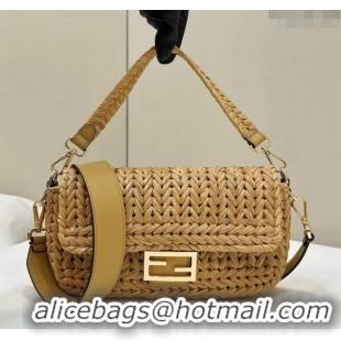 New Discount Fendi Baguette Medium Bag in interlaced fiber 80168 Khaki 2024