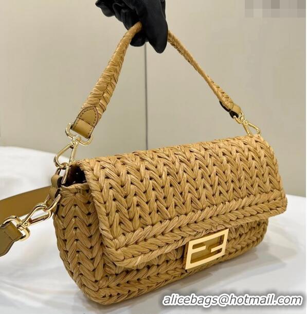 New Discount Fendi Baguette Medium Bag in interlaced fiber 80168 Khaki 2024