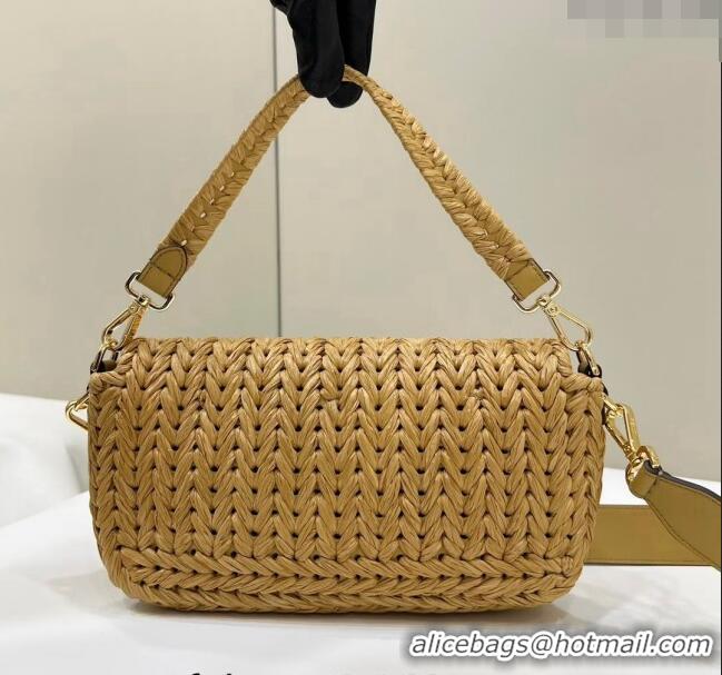 New Discount Fendi Baguette Medium Bag in interlaced fiber 80168 Khaki 2024