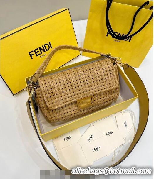 New Discount Fendi Baguette Medium Bag in interlaced fiber 80168 Khaki 2024