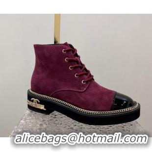 Grade Quality Chanel Suede Lace-up Ankle Boots with Chain and Logo Burgundy 722002