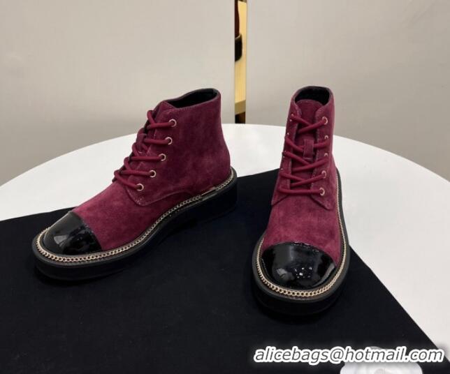 Grade Quality Chanel Suede Lace-up Ankle Boots with Chain and Logo Burgundy 722002