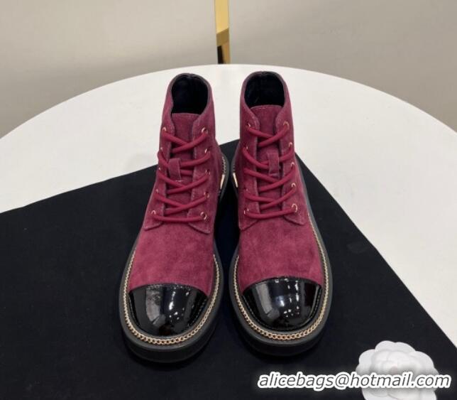 Grade Quality Chanel Suede Lace-up Ankle Boots with Chain and Logo Burgundy 722002