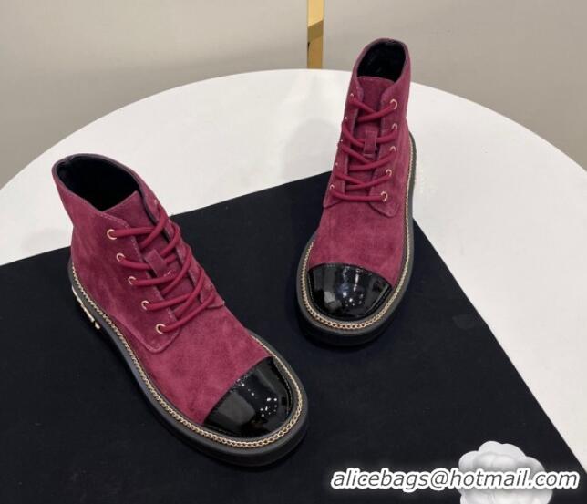 Grade Quality Chanel Suede Lace-up Ankle Boots with Chain and Logo Burgundy 722002