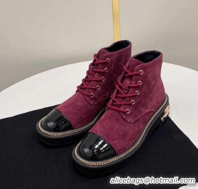 Grade Quality Chanel Suede Lace-up Ankle Boots with Chain and Logo Burgundy 722002