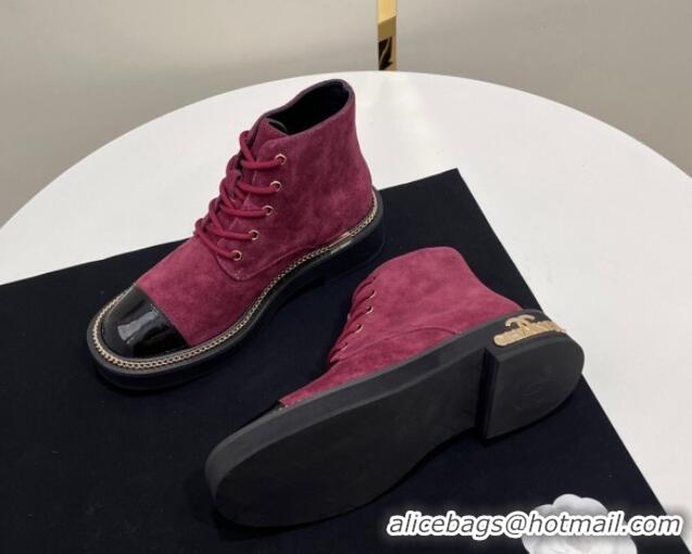 Grade Quality Chanel Suede Lace-up Ankle Boots with Chain and Logo Burgundy 722002