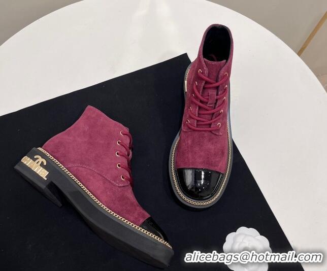 Grade Quality Chanel Suede Lace-up Ankle Boots with Chain and Logo Burgundy 722002