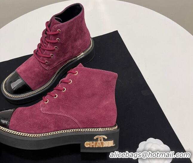 Grade Quality Chanel Suede Lace-up Ankle Boots with Chain and Logo Burgundy 722002