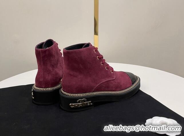 Grade Quality Chanel Suede Lace-up Ankle Boots with Chain and Logo Burgundy 722002