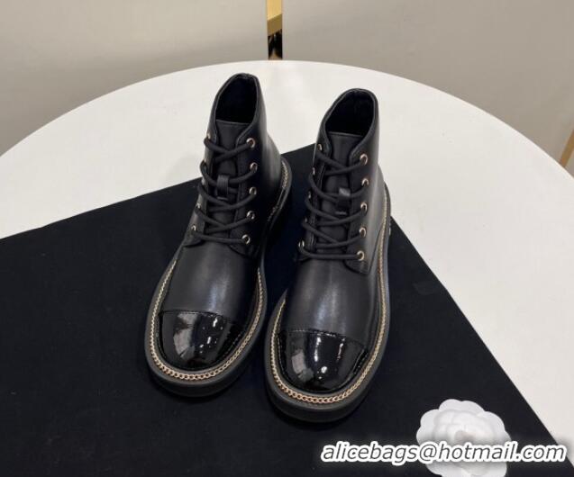 Good Quality Chanel Calfskin Lace-up Ankle Boots with Chain and Logo Black 722003