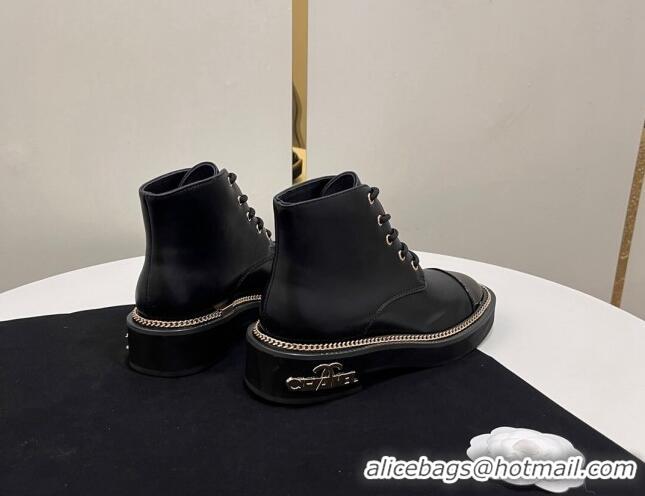 Good Quality Chanel Calfskin Lace-up Ankle Boots with Chain and Logo Black 722003