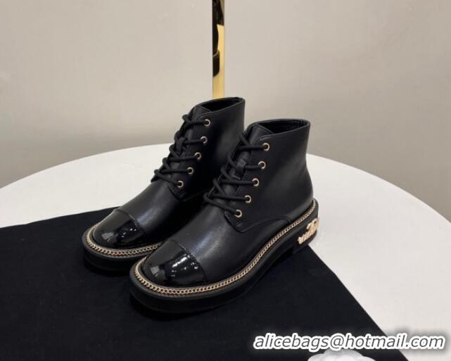 Good Quality Chanel Calfskin Lace-up Ankle Boots with Chain and Logo Black 722003