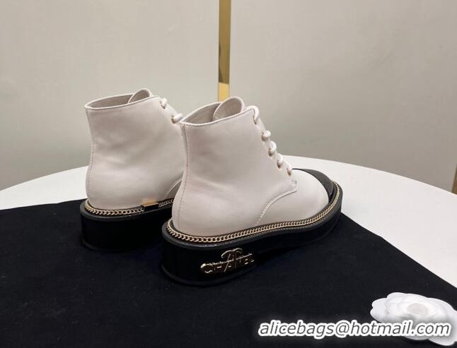 Best Price Chanel Calfskin Lace-up Ankle Boots with Chain and Logo White 722004