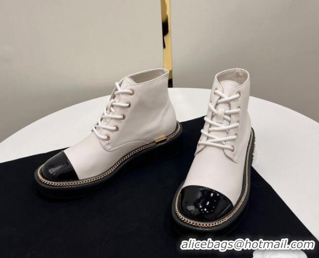 Best Price Chanel Calfskin Lace-up Ankle Boots with Chain and Logo White 722004