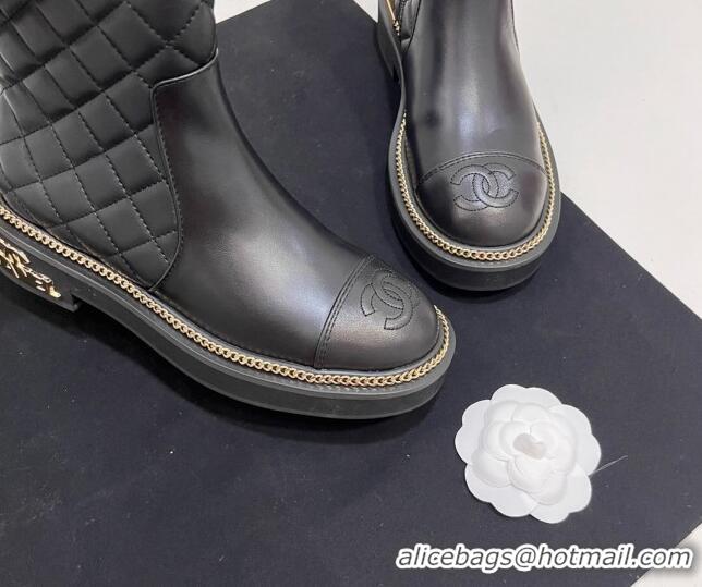 Best Grade Chanel Quilted Calfskin Leather Ankle Boots with Chain and Logo Black 722006