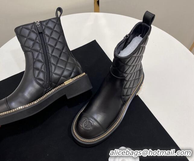 Best Grade Chanel Quilted Calfskin Leather Ankle Boots with Chain and Logo Black 722006