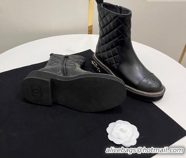 Best Grade Chanel Quilted Calfskin Leather Ankle Boots with Chain and Logo Black 722006