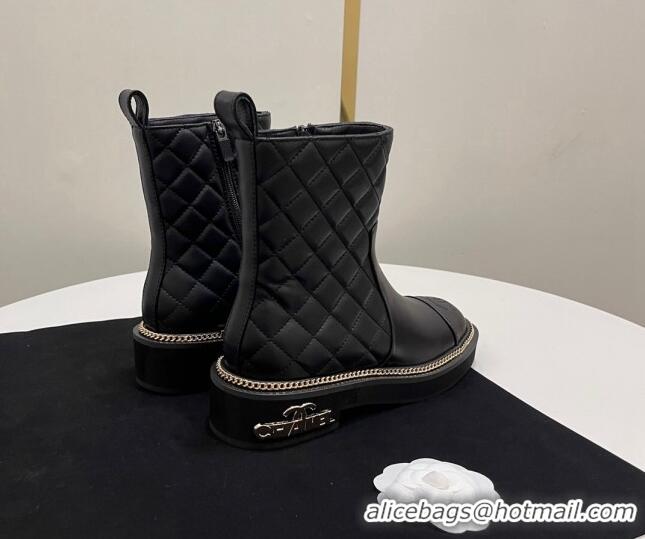 Best Grade Chanel Quilted Calfskin Leather Ankle Boots with Chain and Logo Black 722006