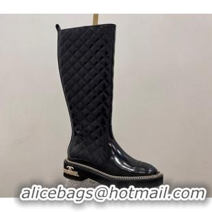 Good Looking Chanel Shiny Quilted Calfskin High Boots with Chain and Logo Black 722007