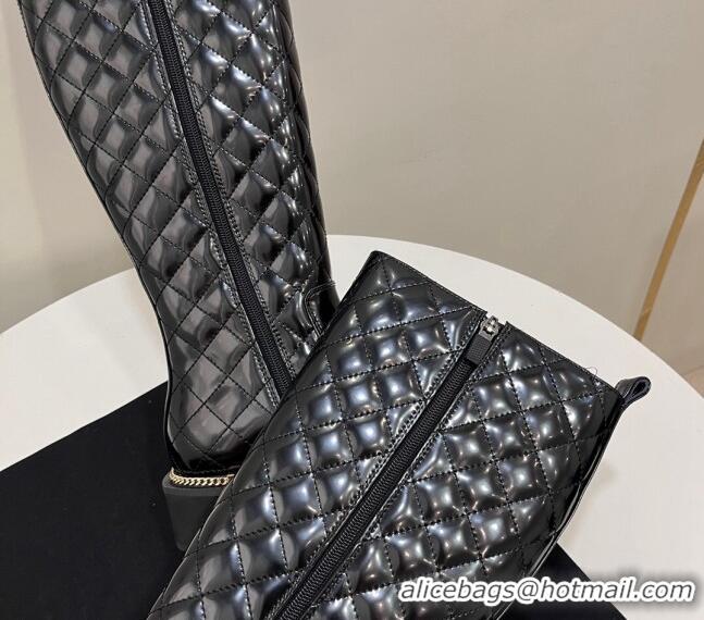 Good Looking Chanel Shiny Quilted Calfskin High Boots with Chain and Logo Black 722007