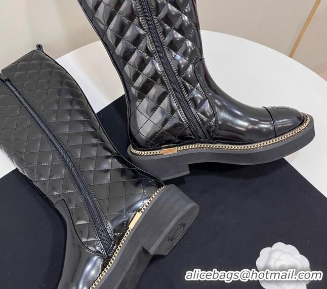 Good Looking Chanel Shiny Quilted Calfskin High Boots with Chain and Logo Black 722007