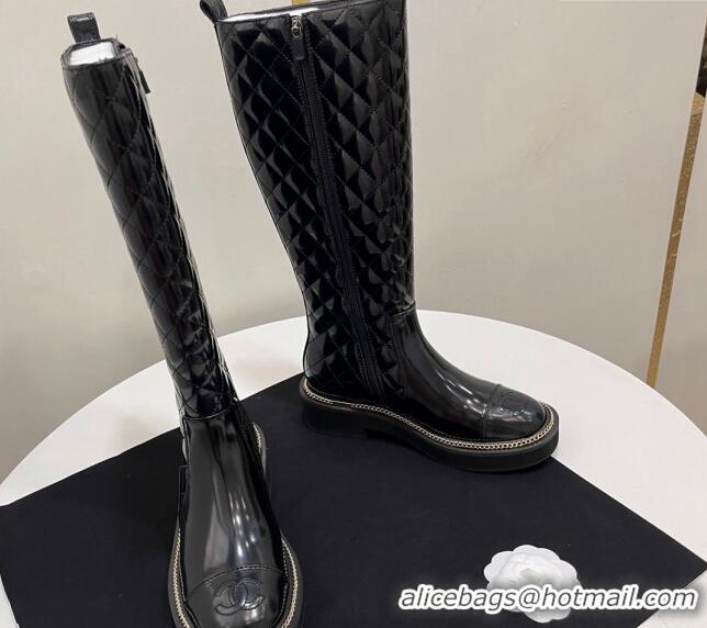 Good Looking Chanel Shiny Quilted Calfskin High Boots with Chain and Logo Black 722007