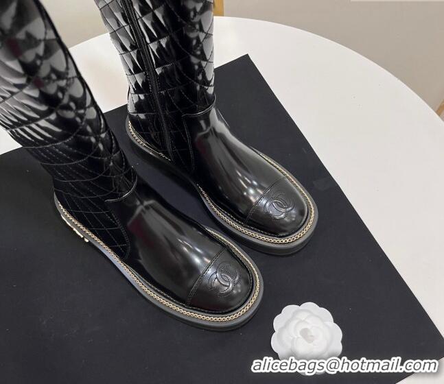 Good Looking Chanel Shiny Quilted Calfskin High Boots with Chain and Logo Black 722007