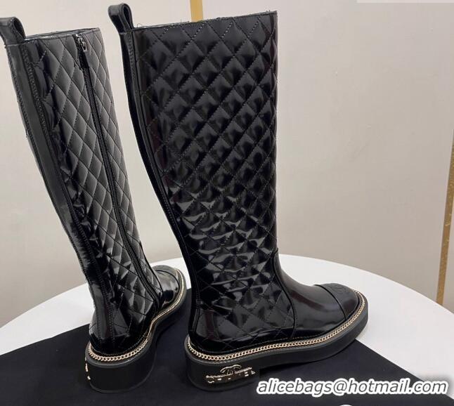 Good Looking Chanel Shiny Quilted Calfskin High Boots with Chain and Logo Black 722007