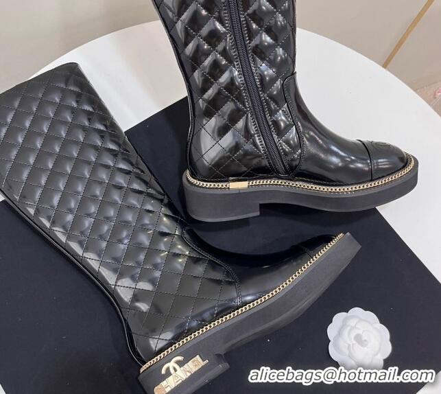 Good Looking Chanel Shiny Quilted Calfskin High Boots with Chain and Logo Black 722007