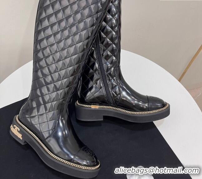 Good Looking Chanel Shiny Quilted Calfskin High Boots with Chain and Logo Black 722007