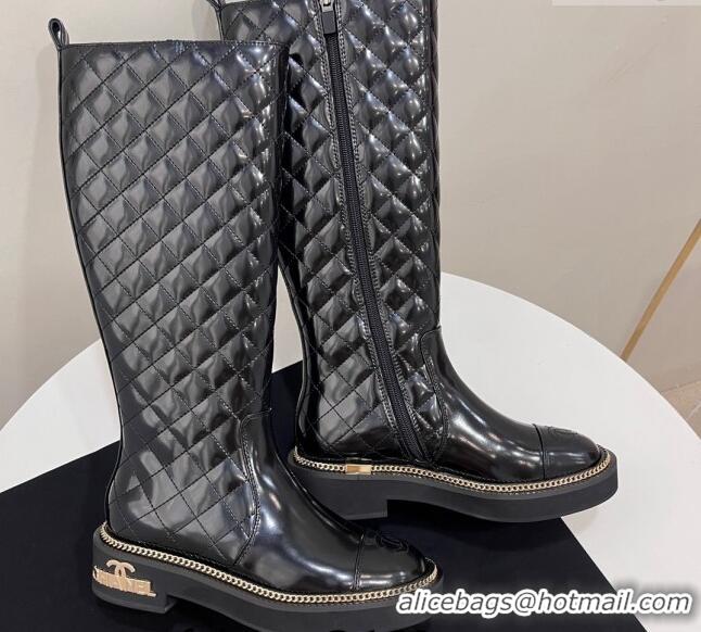 Good Looking Chanel Shiny Quilted Calfskin High Boots with Chain and Logo Black 722007