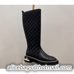 Best Product Chanel Quilted Calfskin Leather High Boots with Chain and Logo Black 722008