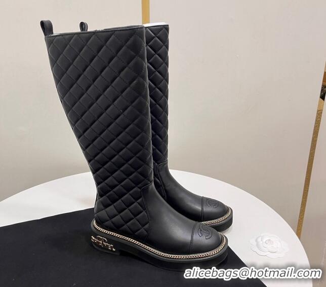 Best Product Chanel Quilted Calfskin Leather High Boots with Chain and Logo Black 722008