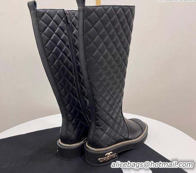 Best Product Chanel Quilted Calfskin Leather High Boots with Chain and Logo Black 722008